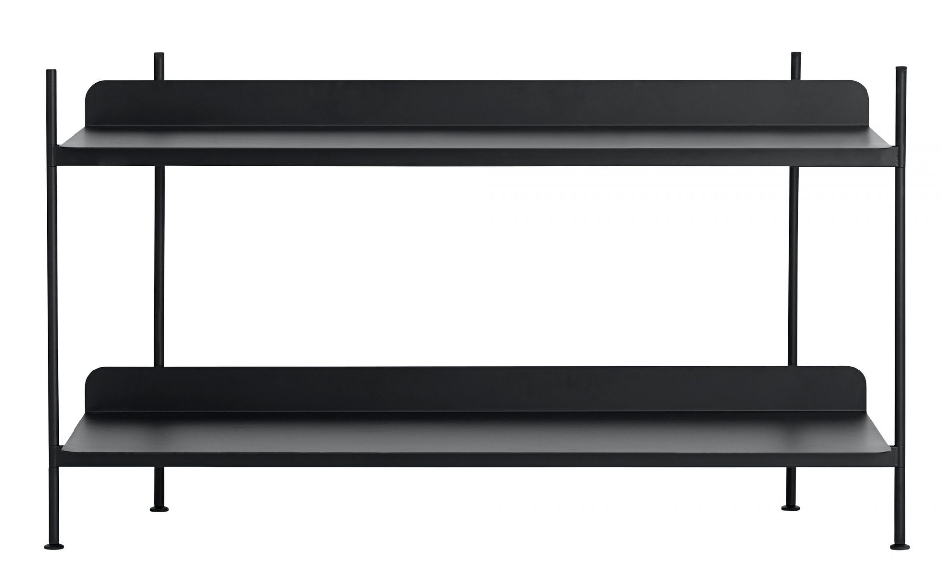 Schwarzes Muuto Regalsystem mit zwei Ebenen für Wohnzimmer oder Büro.